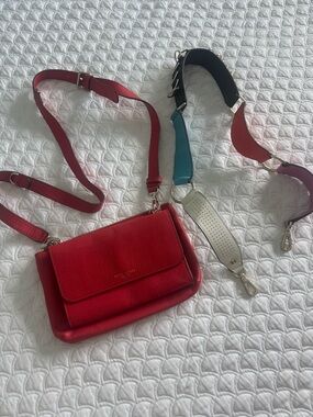 henri bendel Red Pebbled Leather Crossbody with Colorful Strap Options